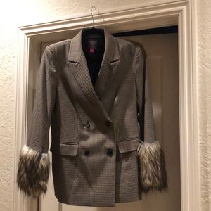 Plaid blazer with fur trimmed sleeves